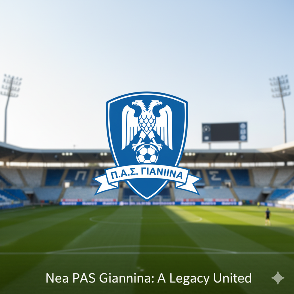 The blue and white crest of the PAS Giannina football club against a blurred stadium background.
